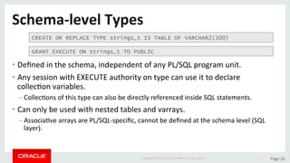 Copyright	©	2015	Oracle	and/or	its	aﬃliates.	All	rights	reserved.		|	 Page	16	
Schema-level	Types	
• Deﬁned	in	the	schema,	independent	of	any	PL/SQL	program	unit.	
• Any	session	with	EXECUTE	authority	on	type	can	use	it	to	declare	
collecDon	variables.	
– CollecDons	of	this	type	can	also	be	directly	referenced	inside	SQL	statements.	
• Can	only	be	used	with	nested	tables	and	varrays.	
– AssociaDve	arrays	are	PL/SQL-speciﬁc,	cannot	be	deﬁned	at	the	schema	level	(SQL	
layer).	
CREATE OR REPLACE TYPE strings_t IS TABLE OF VARCHAR2(100)
GRANT EXECUTE ON strings_t TO PUBLIC
 