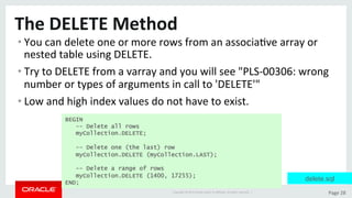 Copyright	©	2015	Oracle	and/or	its	aﬃliates.	All	rights	reserved.		|	 Page	28	
The	DELETE	Method	
• You	can	delete	one	or	more	rows	from	an	associaDve	array	or	
nested	table	using	DELETE.	
• Try	to	DELETE	from	a	varray	and	you	will	see	"PLS-00306:	wrong	
number	or	types	of	arguments	in	call	to	'DELETE'"	
• Low	and	high	index	values	do	not	have	to	exist.	
BEGIN
-- Delete all rows
myCollection.DELETE;
-- Delete one (the last) row
myCollection.DELETE (myCollection.LAST);
-- Delete a range of rows
myCollection.DELETE (1400, 17255);
END;
delete.sql
 