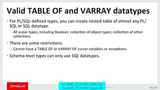 Copyright	©	2015	Oracle	and/or	its	aﬃliates.	All	rights	reserved.		|	 Page	44	
Valid	TABLE	OF	and	VARRAY	datatypes	
• For	PL/SQL-deﬁned	types,	you	can	create	nested	table	of	almost	any	PL/
SQL	or	SQL	datatype.	
– All	scalar	types,	including	Boolean;	collecDon	of	object	types;	collecDon	of	other	
collecDons	
• There	are	some	restricDons:	
– Cannot	have	a	TABLE	OF	or	VARRAY	OF	cursor	variables	or	excepDons.	
• Schema-level	types	can	only	use	SQL	datatypes.	
nt_table_of_invalid_types.sql
va_table_of_invalid_types.sql
 