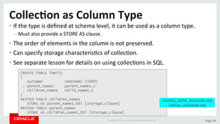 Copyright	©	2015	Oracle	and/or	its	aﬃliates.	All	rights	reserved.		|	 Page	45	
Collec>on	as	Column	Type	
• If	the	type	is	deﬁned	at	schema	level,	it	can	be	used	as	a	column	type.	
– Must	also	provide	a	STORE	AS	clause.	
• The	order	of	elements	in	the	column	is	not	preserved.	
• Can	specify	storage	characterisDcs	of	collecDon.	
• See	separate	lesson	for	details	on	using	collecDons	in	SQL.	
CREATE TABLE family
(
surname VARCHAR2 (1000)
, parent_names parent_names_t
, children_names child_names_t
)
NESTED TABLE children_names
STORE AS parent_names_tbl [storage_clause]
NESTED TABLE parent_names
STORE AS children_names_tbl [storage_clause]
nested_table_example.sql
varray_example.sql
 