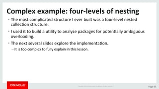 Copyright	©	2015	Oracle	and/or	its	aﬃliates.	All	rights	reserved.		|	 Page	65	
Complex	example:	four-levels	of	nes>ng	
• The	most	complicated	structure	I	ever	built	was	a	four-level	nested	
collecDon	structure.	
• I	used	it	to	build	a	uDlity	to	analyze	packages	for	potenDally	ambiguous	
overloading.	
• The	next	several	slides	explore	the	implementaDon.	
– It	is	too	complex	to	fully	explain	in	this	lesson.	
 