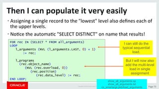 Copyright	©	2015	Oracle	and/or	its	aﬃliates.	All	rights	reserved.		|	 Page	73	
Then	I	can	populate	it	very	easily	
• Assigning	a	single	record	to	the	"lowest"	level	also	deﬁnes	each	of	
the	upper	levels.	
• NoDce	the	automaDc	"SELECT	DISTINCT"	on	name	that	results!	
FOR rec IN (SELECT * FROM all_arguments)
LOOP
l_arguments (NVL (l_arguments.LAST, 0) + 1)
:= rec;
 
l_programs
(rec.object_name)
(NVL (rec.overload, 0))
(rec.position)
(rec.data_level) := rec;
END LOOP;
I can still do the
typical sequential
load.
But I will now also
add the multi-level
load in single
assignment
show_all_arguments.sp
show_all_arguments.tst
cc_smartargs.pkb/load_arguments
 
