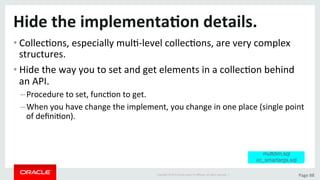 Copyright	©	2015	Oracle	and/or	its	aﬃliates.	All	rights	reserved.		|	 Page	88	
Hide	the	implementa>on	details.	
• CollecDons,	especially	mulD-level	collecDons,	are	very	complex	
structures.	
• Hide	the	way	you	to	set	and	get	elements	in	a	collecDon	behind	
an	API.	
– Procedure	to	set,	funcDon	to	get.	
– When	you	have	change	the	implement,	you	change	in	one	place	(single	point	
of	deﬁniDon).	
multdim.sql
cc_smartargs.sql
 