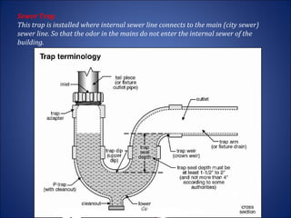 Sewer Trap
This trap is installed where internal sewer line connects to the main (city sewer)
sewer line. So that the odor in the mains do not enter the internal sewer of the
building.




                                    Vortex Care & Safety
 