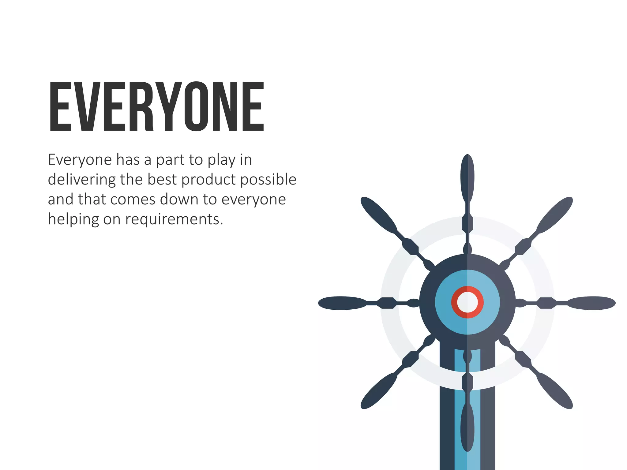 everyoneEveryone has a part to play in
delivering the best product possible
and that comes down to everyone
helping on requirements.
 