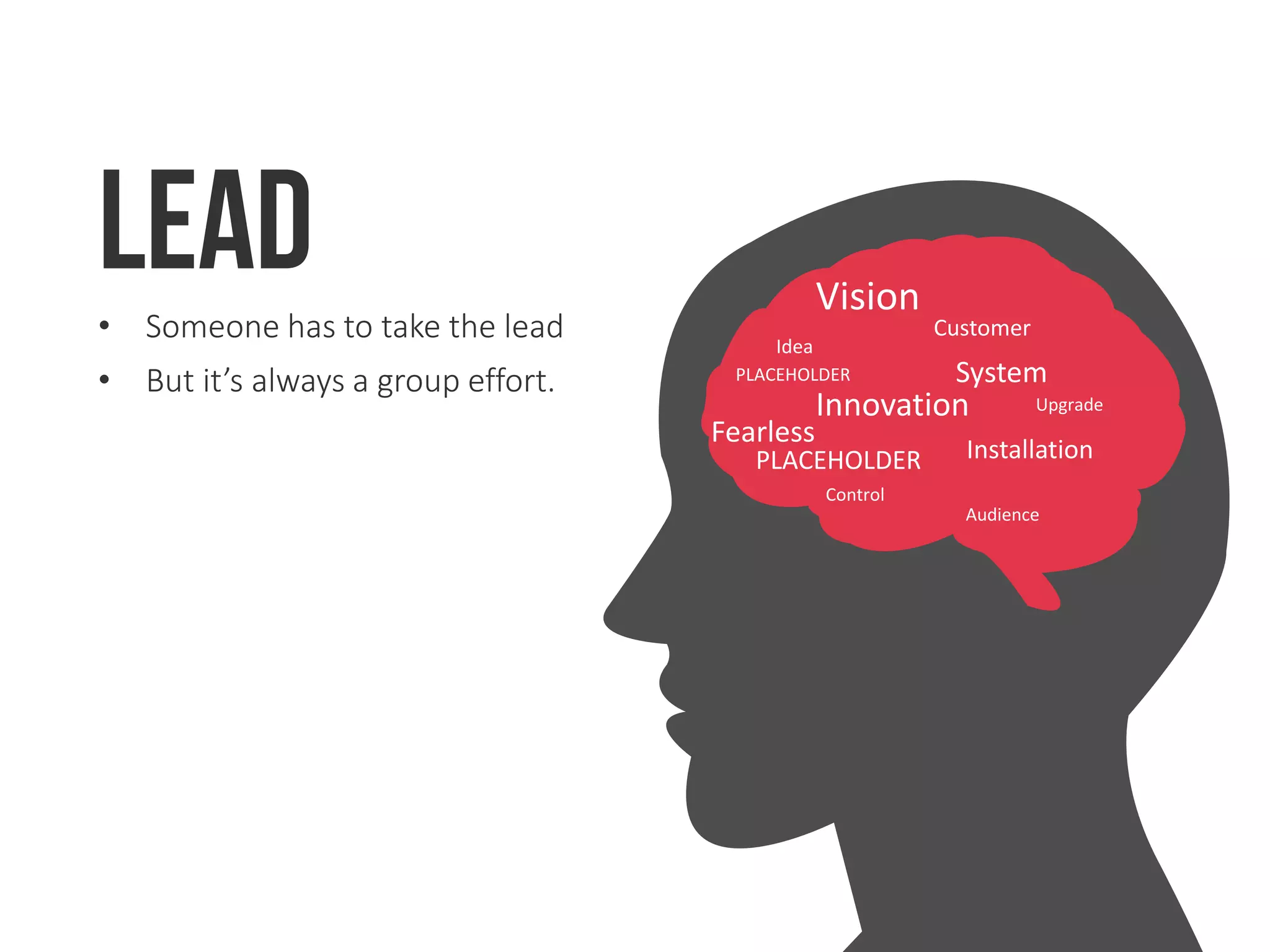 Vision
System
Idea
Innovation
PLACEHOLDER
Audience
Installation
Customer
Fearless
Upgrade
Control
PLACEHOLDER
LEAD• Someone has to take the lead
• But it’s always a group effort.
 