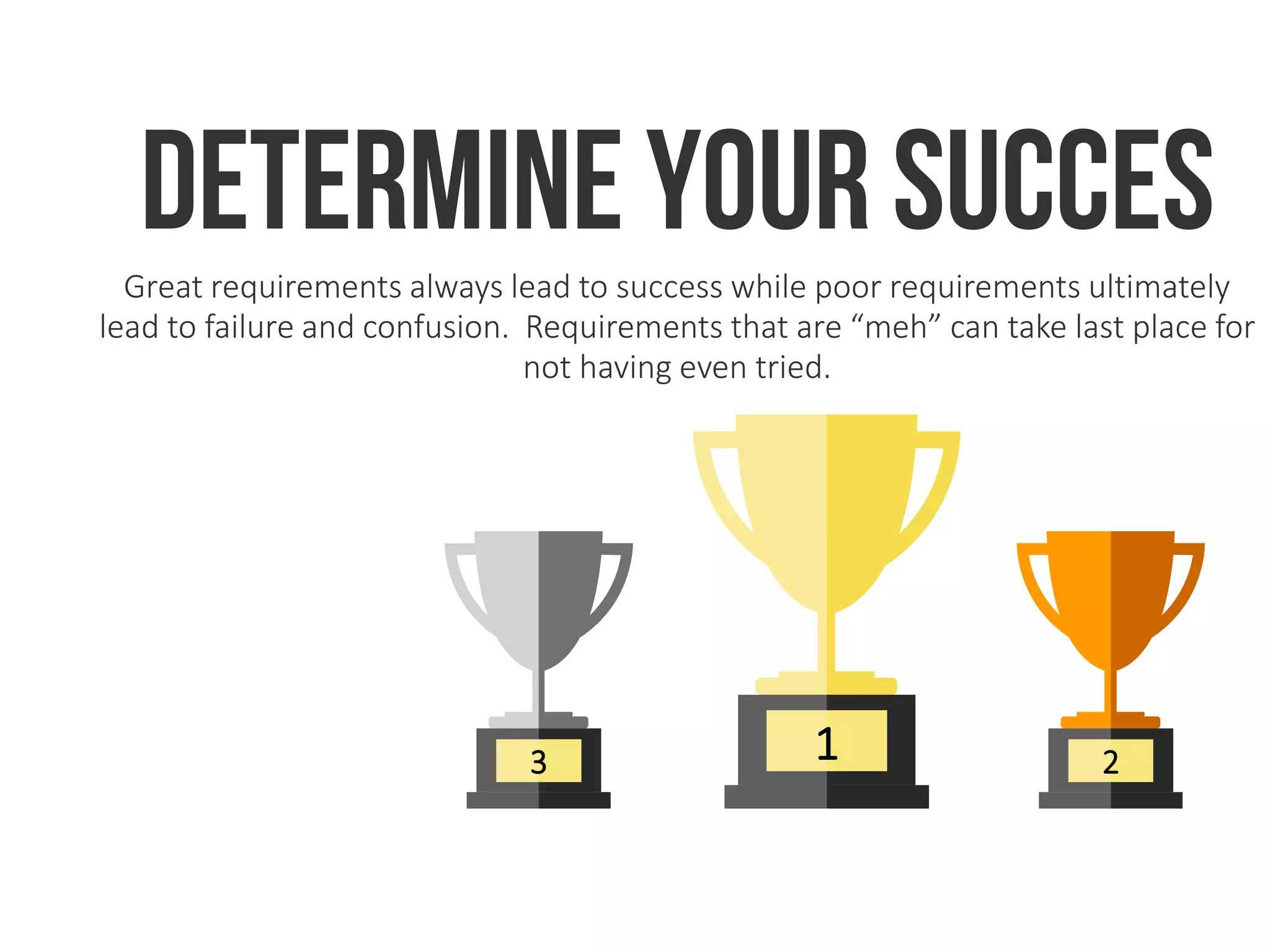 1 23
Determine your succesGreat requirements always lead to success while poor requirements ultimately
lead to failure and confusion. Requirements that are “meh” can take last place for
not having even tried.
 