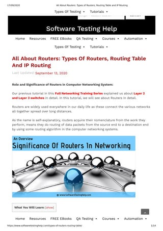 17/09/2020 All About Routers: Types of Routers, Routing Table and IP Routing
https://www.softwaretestinghelp.com/types-of-routers-routing-table/ 1/14
Last Updated:
All About Routers: Types Of Routers, Routing Table
And IP Routing
September 13, 2020
Role and Signi cance of Routers in Computer Networking System:
Our previous tutorial in this Full Networking Training Series explained us about Layer 2
and Layer 3 switches in detail. In this tutorial, we will see about Routers in detail.
Routers are widely used everywhere in our daily life as these connect the various networks
all together spread over long distances.
As the name is self-explanatory, routers acquire their nomenclature from the work they
perform, means they do routing of data packets from the source end to a destination end
by using some routing algorithm in the computer networking systems.
What You Will Learn: [show]
What Are Routers?
Custom Search SEARCH
Software Testing Help
Home Resources FREE EBooks QA Testing  Courses  Automation 
Types Of Testing  Tutorials 

Home Resources FREE EBooks QA Testing  Courses  Automation 
Types Of Testing  Tutorials 
 