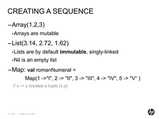 CREATING A SEQUENCE
–Array(1,2,3)
    • Arrays             are mutable
–List(3.14, 2.72, 1.62)
    • Lists         are by default immutable, singly-linked
    • Nil    is an empty list
–Map: val romanNumeral =
                  Map(1 ->"I", 2 -> "II", 3 -> "III", 4 -> "IV", 5 -> "V“ )
      // x -> y creates a tuple (x,y)




33 of 99   Created on 10/01/2012
 