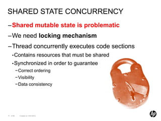 SHARED STATE CONCURRENCY
–Shared mutable state is problematic
–We need locking mechanism
–Thread concurrently executes code sections
    • Contains                       resources that must be shared
    • Synchronized                       in order to guarantee
           −Correct ordering
           −Visibility
           −Data consistency




77 of 99     Created on 10/01/2012
 