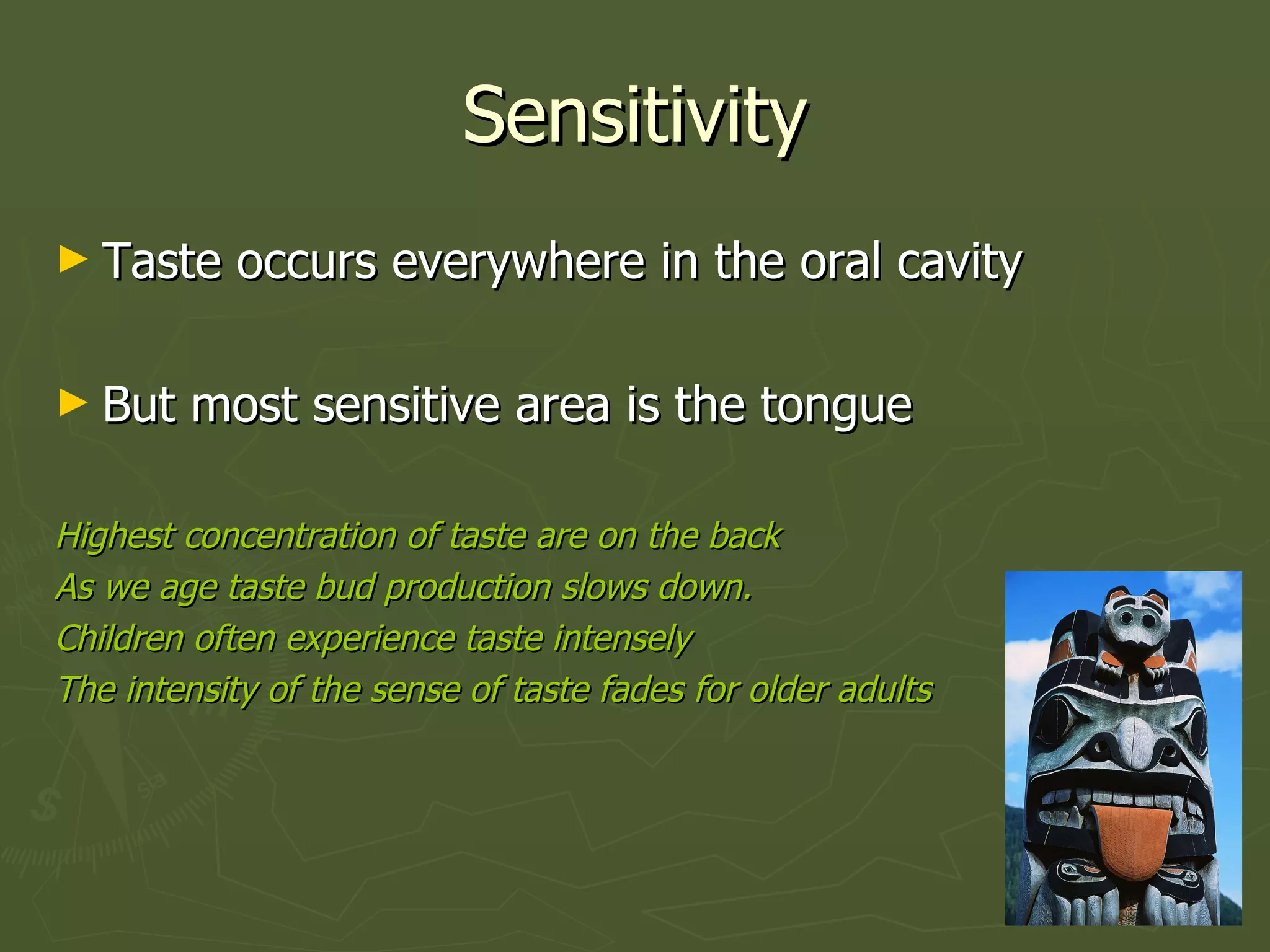 Sensitivity Taste occurs everywhere in the oral cavity But most sensitive area is the tongue Highest concentration of taste are on the back As we age taste bud production slows down. Children often experience taste intensely The intensity of the sense of taste fades for older adults 