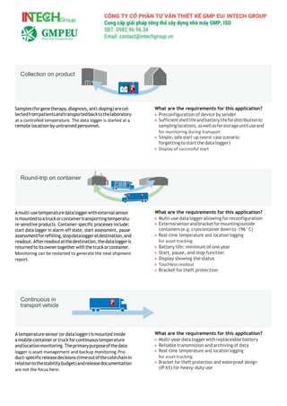 Samples(forgenetherapy,diagnosis,anti-doping)arecol-
lectedfrompatientsandtransportedbacktothelaboratory
at a controlled temperature. The data logger is started at a
remote location by untrained personnel.
Amulti-usetemperaturedataloggerwithexternalsensor
ismountedtoatruckorcontainertransportingtemperatu-
re-sensitive products. Container-specific processes include:
start data logger in alarm-off state, start assessment, pause
assessmentforrefilling,stopdataloggeratdestination,and
readout.Afterreadoutatthedestination,thedataloggeris
returnedto itsowner togetherwiththetruck orcontainer.
Monitoring can be restarted to generate the next shipment
report.
A temperature sensor (or data logger) ismounted inside
a mobilecontainerortruck forcontinuous temperature
andlocationmonitoring.Theprimarypurposeofthedata
logger is asset management and backup monitoring.Pro-
duct-specificreleasedecisions(timeoutofthecoldchainin
relationtothestabilitybudget)andreleasedocumentation
are not the focus here.
What are the requirements for this application?
> Preconfiguration of device by sender
> Sufficientshelflifeandbatterylifefordistributionto
samplinglocations,aswellasforstorageuntiluseand
for monitoring during transport
> Simple, safe start-up (worst-case scenario:
forgetting tostart the data logger)
> Display of successful start
What are the requirements for this application?
> Multi-use data loggerallowing forreconfiguration
> Externalsensorandbracketformountingoutside
containers(e.g.cryocontainerdownto–196°C)
> Real-time temperature and location logging
for asset tracking
> Battery life: minimum of one year
> Start, pause, and stop function
> Display showing the status
> Touchless readout
> Bracket for theft protection
What are the requirements for this application?
> Multi-year data logger with replaceable battery
> Reliable transmission and archiving of data
> Real-time temperature and location logging
for asset tracking
> Bracket for theft protection and waterproof design
(IP 65) for heavy-duty use
Collection on product
Round-trip on container
Continuous in
transport vehicle
 