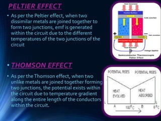PELTIER EFFECT
• As per the Peltier effect, when two
dissimilar metals are joined together to
form two junctions, emf is generated
within the circuit due to the different
temperatures of the two junctions of the
circuit
• THOMSON EFFECT
• As per theThomson effect, when two
unlike metals are joined together forming
two junctions, the potential exists within
the circuit due to temperature gradient
along the entire length of the conductors
within the circuit.
 