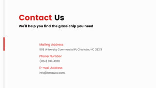Mailing Address
Phone Number
E-mail Address
1818 University Commercial Pl, Charlotte, NC 28213
(704) 921-4928
info@terrazzco.com
Contact Us
We'll help you find the glass chip you need
 