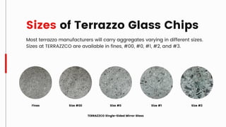 Sizes of Terrazzo Glass Chips
Most terrazzo manufacturers will carry aggregates varying in different sizes.
Sizes at TERRAZZCO are available in fines, #00, #0, #1, #2, and #3.
Fines Size #00 Size #0 Size #1 Size #2
TERRAZZCO Single-Sided Mirror Glass
 