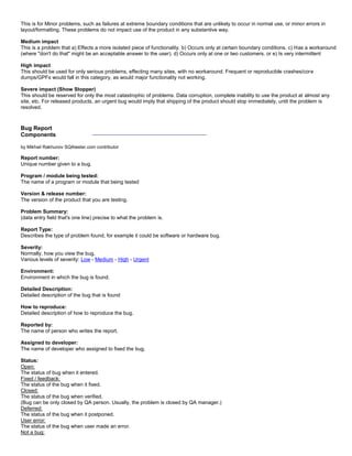 This is for Minor problems, such as failures at extreme boundary conditions that are unlikely to occur in normal use, or minor errors in
layout/formatting. These problems do not impact use of the product in any substantive way.
Medium impact
This is a problem that a) Effects a more isolated piece of functionality. b) Occurs only at certain boundary conditions. c) Has a workaround
(where "don't do that" might be an acceptable answer to the user). d) Occurs only at one or two customers. or e) Is very intermittent
High impact
This should be used for only serious problems, effecting many sites, with no workaround. Frequent or reproducible crashes/core
dumps/GPFs would fall in this category, as would major functionality not working.
Severe impact (Show Stopper)
This should be reserved for only the most catastrophic of problems. Data corruption, complete inability to use the product at almost any
site, etc. For released products, an urgent bug would imply that shipping of the product should stop immediately, until the problem is
resolved.
Bug Report
Components
_________________________________
by Mikhail Rakhunov SQAtester.com contributor
Report number:
Unique number given to a bug.
Program / module being tested:
The name of a program or module that being tested
Version & release number:
The version of the product that you are testing.
Problem Summary:
(data entry field that's one line) precise to what the problem is.
Report Type:
Describes the type of problem found, for example it could be software or hardware bug.
Severity:
Normally, how you view the bug.
Various levels of severity: Low - Medium - High - Urgent
Environment:
Environment in which the bug is found.
Detailed Description:
Detailed description of the bug that is found
How to reproduce:
Detailed description of how to reproduce the bug.
Reported by:
The name of person who writes the report.
Assigned to developer:
The name of developer who assigned to fixed the bug.
Status:
Open:
The status of bug when it entered.
Fixed / feedback:
The status of the bug when it fixed.
Closed:
The status of the bug when verified.
(Bug can be only closed by QA person. Usually, the problem is closed by QA manager.)
Deferred:
The status of the bug when it postponed.
User error:
The status of the bug when user made an error.
Not a bug:
 