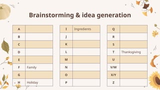 Brainstorming & idea generation
A
B
C
D
E
F Family
G
H Holiday
I Ingredients
J
K
L
M
N
O
P
Q
R
S
T Thanksgiving
U
V/W
X/Y
Z
 