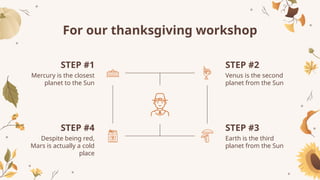 For our thanksgiving workshop
Earth is the third
planet from the Sun
STEP #3
Venus is the second
planet from the Sun
STEP #2
Despite being red,
Mars is actually a cold
place
STEP #4
Mercury is the closest
planet to the Sun
STEP #1
 