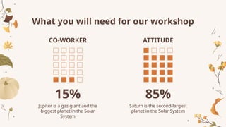 Jupiter is a gas giant and the
biggest planet in the Solar
System
Saturn is the second-largest
planet in the Solar System
15% 85%
What you will need for our workshop
CO-WORKER ATTITUDE
 