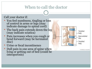 When to call the doctor Call your doctor if: You feel numbness, tingling or loss of control in arms or legs (may indicate damage to spinal cord) The back pain extends down the leg (may indicate sciatica) Pain increases when you cough or bend forward (may be herniated disc) Urine or fecal incontinence Dull pain in one area of spine when lying or getting out of bed (could be osteoporosis)  