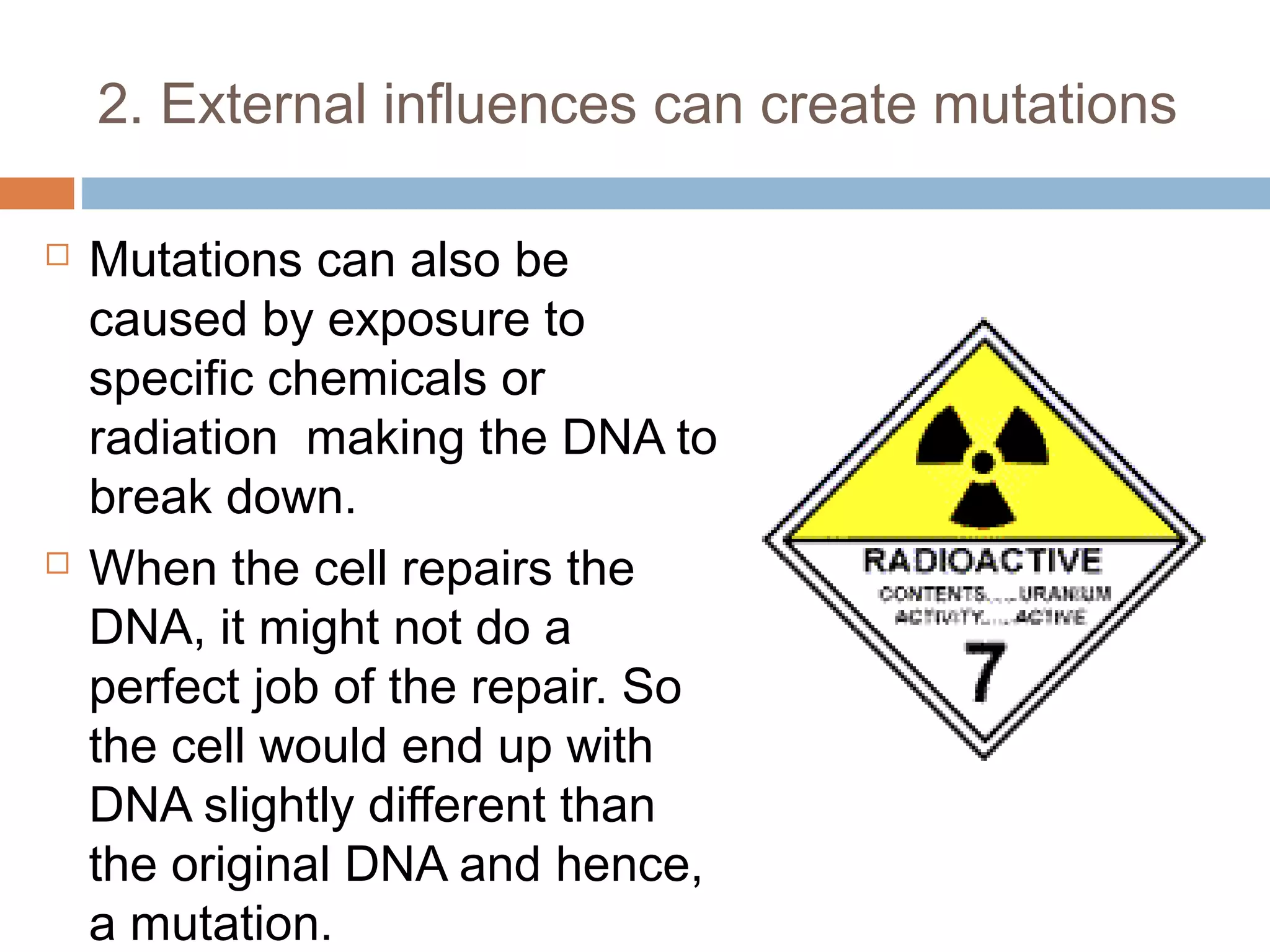2. External influences can create mutations
 Mutations can also be
caused by exposure to
specific chemicals or
radiation making the DNA to
break down.
 When the cell repairs the
DNA, it might not do a
perfect job of the repair. So
the cell would end up with
DNA slightly different than
the original DNA and hence,
a mutation.
 