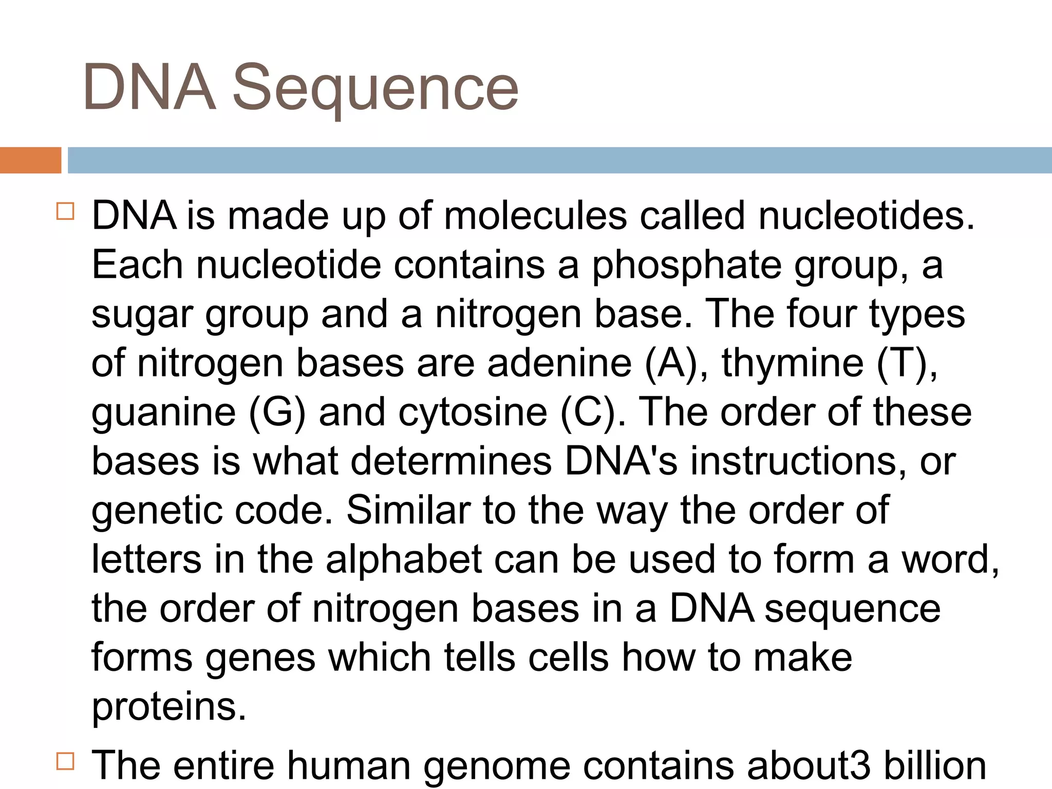 DNA Sequence
 DNA is made up of molecules called nucleotides.
Each nucleotide contains a phosphate group, a
sugar group and a nitrogen base. The four types
of nitrogen bases are adenine (A), thymine (T),
guanine (G) and cytosine (C). The order of these
bases is what determines DNA's instructions, or
genetic code. Similar to the way the order of
letters in the alphabet can be used to form a word,
the order of nitrogen bases in a DNA sequence
forms genes which tells cells how to make
proteins.
 The entire human genome contains about3 billion
 