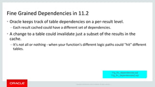 Copyright © 2014 Oracle and/or its affiliates. All rights reserved. |
Fine Grained Dependencies in 11.2
• Oracle keeps track of table dependencies on a per-result level.
– Each result cached could have a different set of dependencies.
• A change to a table could invalidate just a subset of the results in the
cache.
– It's not all or nothing - when your function's different logic paths could "hit" different
tables.
11g_frc_dependencies.sql
11g_frc_dependencies2.sql
 