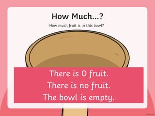 How Much…?
How much fruit is in this bowl?
There is 0 fruit.
There is no fruit.
The bowl is empty.
 