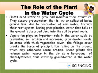 q
• Plants need water to grow and maintain their structure.
They absorb groundwater, that is, water collected below
ground level due to percolation of rain water, through
their root system. During precipitation, water that falls on
the ground is absorbed deep into the soil by plant roots.
• Vegetation plays an important role in the water cycle by
preventing soil erosion and increasing groundwater levels.
In areas with thick vegetation cover, the foliage cover
breaks the force of precipitation falling on the ground,
which may otherwise cause erosion. Green plants also
release water vapour in the air as a by-product of
photosynthesis, thus involving groundwater in the water
cycle.
The Role of the Plant
in the Water Cycle
 