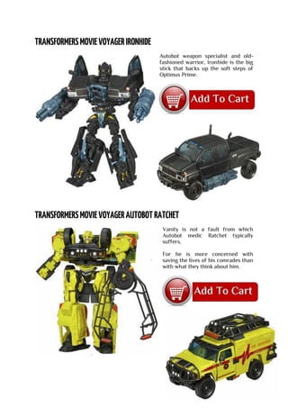 Autobot weapon specialist and old-
fashioned warrior, Ironhide is the big
stick that backs up the soft steps of
Optimus Prime.
Vanity is not a fault from which
Autobot medic Ratchet typically
suffers.
For he is more concerned with
saving the lives of his comrades than
with what they think about him.
 