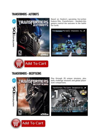 Based on Hasbro's upcoming live-action
feature film, Transformers - Autobots lets
gamers control the outcome in the battle
for Earth.
Play through 20 unique missions, plus
daily challenge missions and global player
stats comparisons.
 