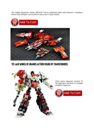 The mighty Quantron stands 28CM/11" tall in combined mode and features 5 members
where each member can transform into a Sci-Fi style vehicle.
Third party Japanese version of
the legendary and first G1 Autobot
combiner Superion.
 