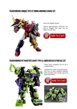 Enter the Mighty Ordin!
Stands approximately 37CM/15" tall
and is roughly the same size as
MMC's Feral Cons.
Third party combiner set of all 6
Constructions.
Compared to their G1 predecessors,
this one is more detailed editions
with movable arms, hands, legs and
body movement.
 