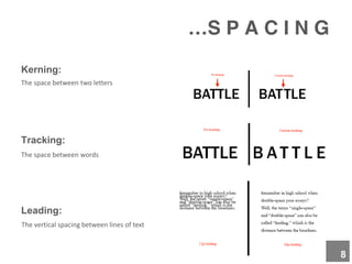 …S P A C I N G
Kerning:
Tracking:
Leading:
The space between two letters
The space between words
The vertical spacing between lines of text
8
 