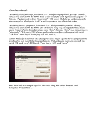 telah anda tentukan tadi;

- Pilih ruang kosong berikutnya, klik tombol "Add". Pada jendela yang muncul, pilih opsi "Primary",
tentukan nilai antara 10.000 dan 50.000 dalam ukuran "megabyte" untuk digunakan sebagai partisi "/".
Pilih opsi "/" pada menu drop down "Mount point". " Klik tombol OK, beberapa saat kemudian anda
akan mendapatkan sebuah partisi "ext4 /" sesuai dengan ukuran yang telah anda tentukan;

- Pilih ruang harddisk yang tersisa, klik tombol "Add". Pada jendela baru, pilih Opsi "Primary",
tentukan nilai antara 30.000 dan 50.000 (atau seberapapun ruang yang tersisa pada harddisk) dalam
ukuran "megabyte" untuk digunakan sebagai partisi "/home". Pilih opsi "/home" pada menu drop down
"Mount point". " Klik tombol OK, beberapa saat kemudian anda akan mendapatkan sebuah partisi
"ext4 /home" sesuai dengan ukuran ynag telah anda tentukan;

Catatan: Anda dapat menentukan nilai sebuah partisi sesuai dengan kapasitas hardisk yang anda miliki,
contohnya bila anda memiliki hardis dengan kapasitas 40GB, anda dapat membaginya menjadi tiga
partisi; 2GB untuk "swap", 20GB untuk "/" dan sisanya 18GB untuk "/home".




Tabel partisi anda akan nampak seperti ini. Jika dirasa cukup, klik tombol "Forward" untuk
melanjutkan proses instalasi ...
 