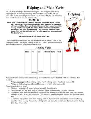 Helping and Main Verbs
Hi! I'm Harry Helping Verb and I'm so helpful I will help you learn the 23
Helping Verbs by telling you a story. The title of the story is Old Mr. Do.
Like some stories, this story has a moral. The moral is: "Maybe Mr. Do should
have a will". Read on and you will see why!
Old Mr. Do
Once upon a time there was a wealthy merchant named Mr. Do. Mr. Do was
very old and very rich. His many relatives were dreaming of the day the
old man would die. They wondered which one of them would inherit his
money. Finally, one day Mr. Do did die. All the relatives searched his
house for a will. They didn't find one. They searched his house three
times. They still did not find a will. The relatives did not get one dime of
Mr. Do's fortune.
The moral: Maybe Mr. Do should have a will.
Just remember this sentence and you will know how to set up a chart of the
23 helping verbs! The largest "family" is the "BE" family with eight members.
The other five families have three members each.
Helping Verbs
may be
(main)
do
(main)
should have
(main)
will
Notice that verbs in three of the families may also stand alone and be the main verb of a sentence. For
example:
• We are teaching you about helping verbs. ("are"-helping verb, "teaching"-main verb)
• We are in the fourth grade at Brisas Elementary. ( "are" is the main verb)
Other things to keep in mind:
• Not every sentence will have a helping verb with the main verb.
• When you see an "ing" verb such as "running", be on the lookout for a helping verb also.
• Sometimes there is another word which separates the helping verb from the main verb. One common
example is "not", as in: The boy couldn't find his socks. The helping verb is could and the main verb is
find.
• A sentence may contain up to three helping verbs to the main verb. An example would be: The dog
must have been chasing the cat. The helping verbs are: must, have, and been; the main verb is chasing
(See Rule #2 above!).
 
