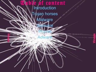 Table of content Introduction Trojan horses Malware Spyware Worms Adware Resources 