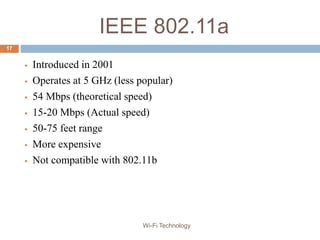 IEEE 802.11a
 Introduced in 2001
 Operates at 5 GHz (less popular)
 54 Mbps (theoretical speed)
 15-20 Mbps (Actual speed)
 50-75 feet range
 More expensive
 Not compatible with 802.11b
17
Wi-Fi Technology
 