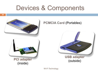 Devices & Components
29
PCI adapter
(inside)
USB adapter
(outside)
PCMCIA Card (Portables)
Wi-Fi Technology
 