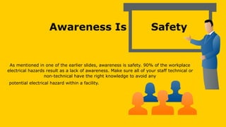 Awareness Is Safety
As mentioned in one of the earlier slides, awareness is safety. 90% of the workplace
electrical hazards result as a lack of awareness. Make sure all of your staff technical or
non-technical have the right knowledge to avoid any
potential electrical hazard within a facility.
 
