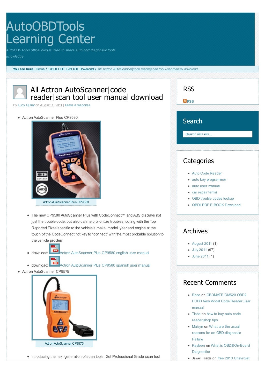 All actron auto scanner code reader scan tool user manual download