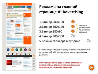 Реклама на главной
странице AllAdvertising
1.Баннер 980х100
2.Баннер 300х140
3.Баннер 180х90
4.Баннер 300х300
5.Ссылка спонсора в рубрике
Баннер №1 размещается сразу в нескольких основных
разделах, №2 и №3 размещаются во всех рубриках
рейтинга.
сквозное
размещение
по рубрикам
рейтинга
При бронировании двух и более рекламных
мест компания становится эксклюзивным
партнером на период размещения
 