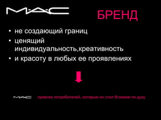 БРЕНД не создающий границ  ценящий индивидуальность,креативность  и красоту в любых ее проявлениях привлек потребителей, которым он стал близким по духу   