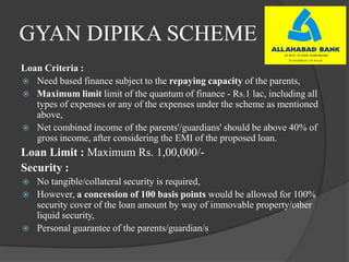 GYAN DIPIKA SCHEME
Loan Criteria :
 Need based finance subject to the repaying capacity of the parents,
 Maximum limit limit of the quantum of finance - Rs.1 lac, including all
types of expenses or any of the expenses under the scheme as mentioned
above,
 Net combined income of the parents'/guardians' should be above 40% of
gross income, after considering the EMI of the proposed loan.
Loan Limit : Maximum Rs. 1,00,000/-
Security :
 No tangible/collateral security is required,
 However, a concession of 100 basis points would be allowed for 100%
security cover of the loan amount by way of immovable property/other
liquid security,
 Personal guarantee of the parents/guardian/s
 