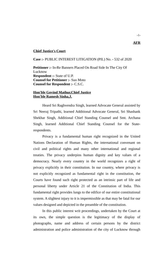 -1-
AFR
Chief Justice's Court
Case :- PUBLIC INTEREST LITIGATION (PIL) No. - 532 of 2020
Petitioner :- In-Re Banners Place...