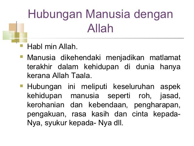 Hubungan Manusia dengan Allahï® Habl min Allah.ï® Manusia dikehendaki menjadikan matlamat terakhir dalam ...