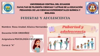 UNIVERSIDAD CENTRAL DEL ECUADOR
FACULTAD DE FILOSOFÍA CIENCIAS Y LETRAS DE LA EDUCACIÓN
PEDAGOGÍA DE LAS CIENCIAS EXPERIMENTALES QUÍMICA Y

BIOLOGÍA


Nombre: Rosa Anabel Allaica Hernandez
Docente:IVÁN ORDOÑEZ
Asignatura:PSICOLOGÍA EDUCATIVA
Curso:2 "A"
PUBERTAD Y ADOLESCENCIA
 