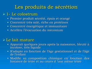 Les produits de sécrétion 1- Le colostrum Premier produit sécrété, épais et orangé Concentré très salé, riche en protéines Concentré énergétique et immunitaire Accélère l’évacuation du méconium Le lait mature Apparaît quelques jours après la naissance, bleuté à incolore, très liquide S’adapte en fonction de l’âge gestationnel et de l’âge de l’enfant Modifie sa composition chimique en fonction des horaires de tétée et au cours d ’une même tétée 