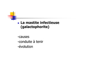 La mastite infectieuse
 (galactophorite)

-causes
-conduite à tenir
-évolution
 