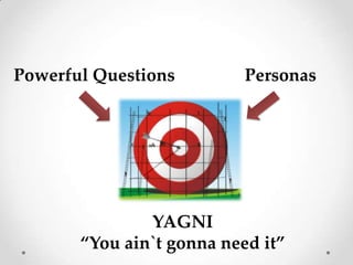 Powerful Questions         Personas




               YAGNI
       “You ain`t gonna need it”
 